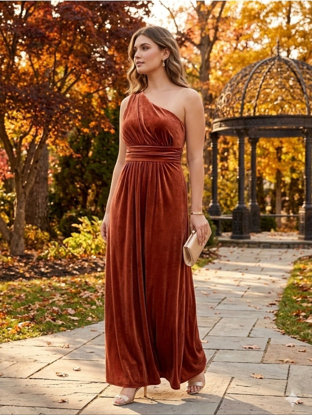 NWOT Rust Velvet One Shoulder Formal Maxi Dress Size 12 Side Zip
